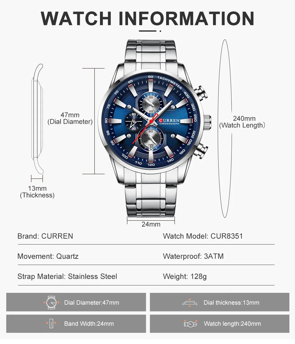 Luxury CURREN Quartz Men’s Watch Waterproof Sport Chronograph - Smarsty