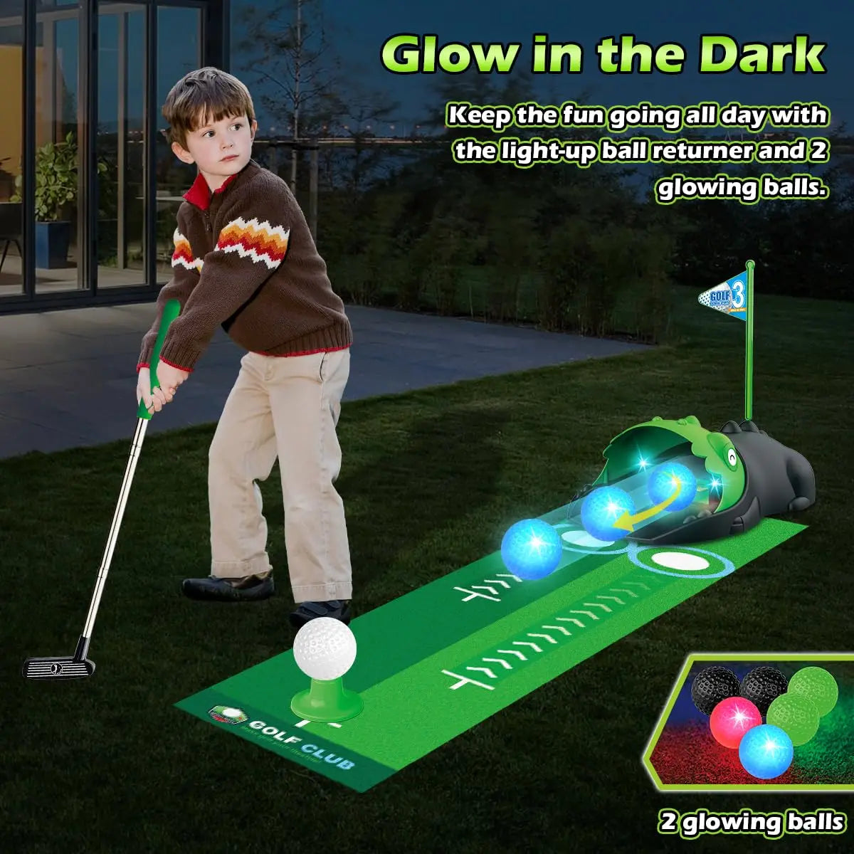 Kids Toy Golf Club Set with LED Automatic Ball Returner, Golf Putting Mat Toddler Mini Golf Game Sports Gift for 3+ Boys Girls