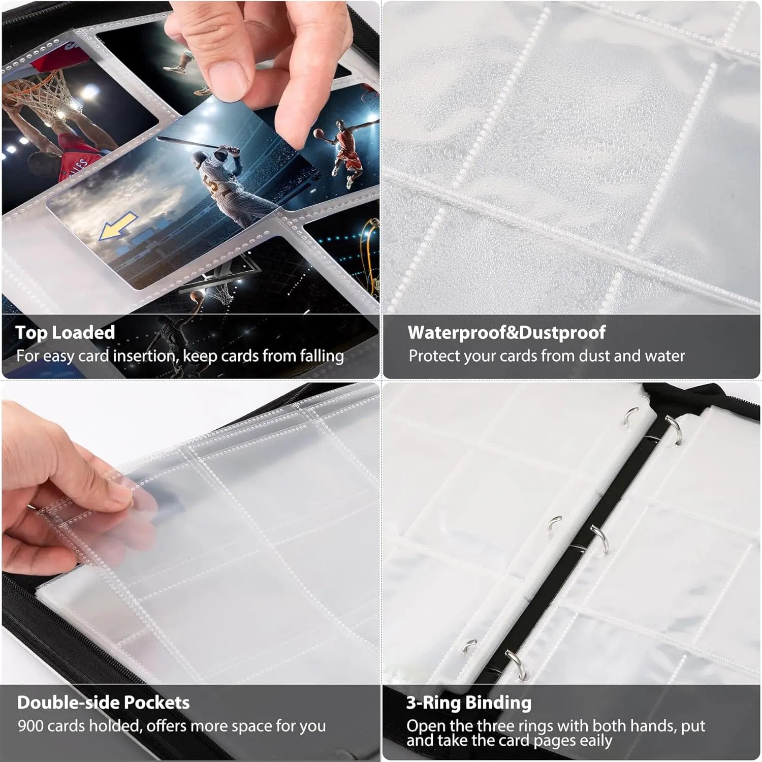 900 Pockets Card Binder Sleeves with Zipper, Double Sided Pockets Card Holder Carry Card Case for TCG CCG Card Storage(Black)
