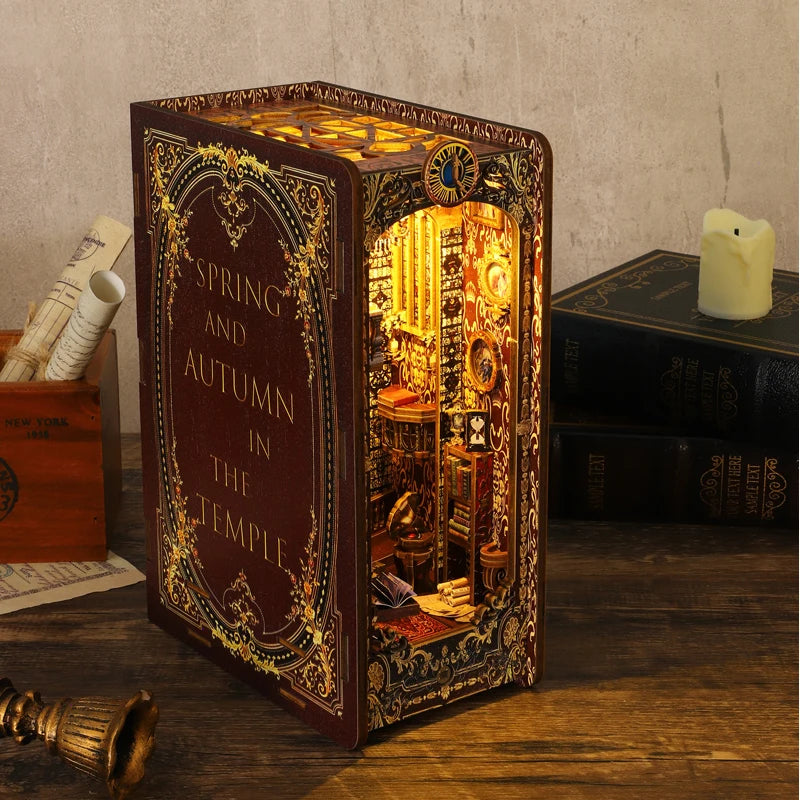 DIY Book Nook Shelf Insert Kit 3D Wooden Puzzle Doll House Assembly Building Model Bookends With Furniture LED Light Xmas Gifts by Smarsty