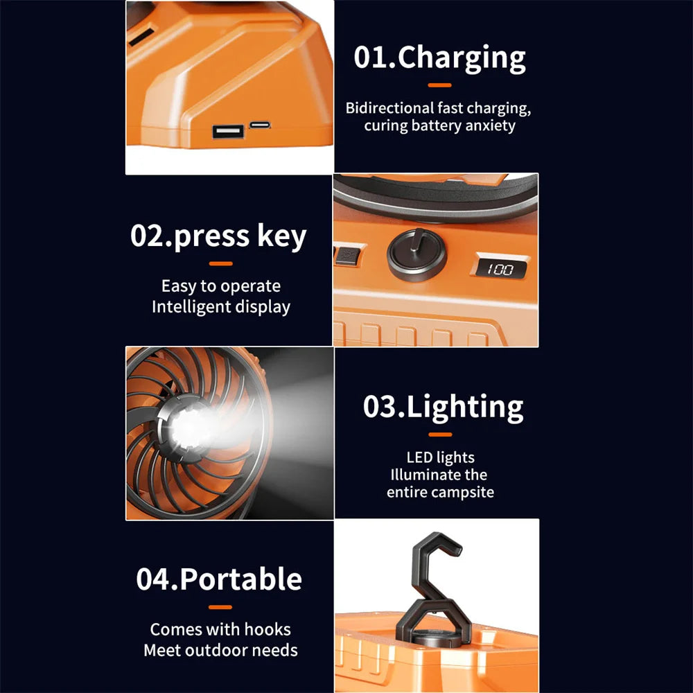 Camping Fan 20000mAh Rechargeable Portable Camping Circulator Fan Wireless Tent Ceiling Fan with LED Light and Hook