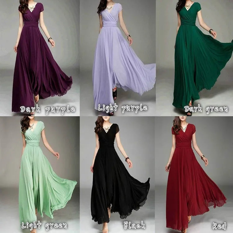 Women's Short-Sleeved Chiffon Evening Dress, Female Party Dress, Monochromatic, Bohemian, Long, Elegant, New, 2022 - Smarsty