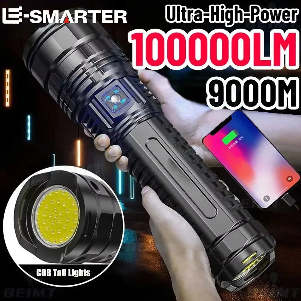 Ultra Bright LED Flashlight Powerful Tactical Torch 15000mah Built-in Battery Emergency Camping Spotlights With Tail Light by Smarsty