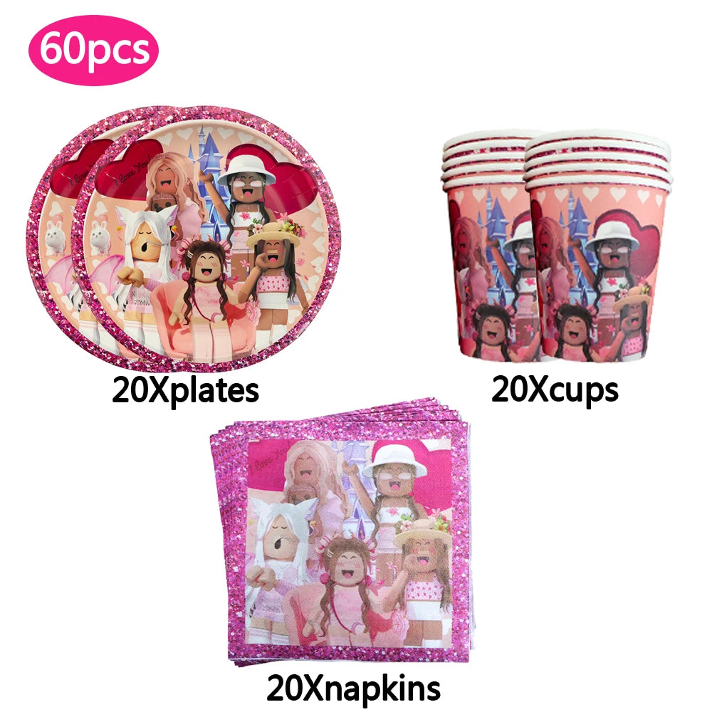 Pink Roblox Birthday Party Decorations Tableware Set - Smarsty