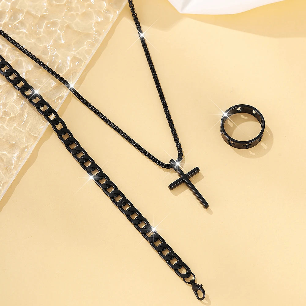 Men's Stainless Steel Cross Pendant Jewelry Set - Smarsty