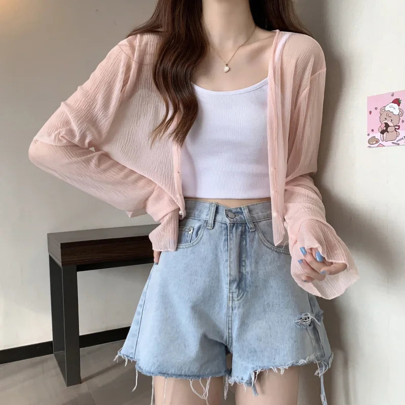 2025 Fairy Style Solid Cardigan Women Summer New Long Sleeve Sunscreen Sweet Beading V-neck Basics Loose Chiffon Cardigan - Smarsty