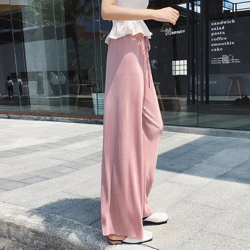 Women Fashion Summer Wide Leg Pants Pleated Ice Silk Trousers Elastic Waist Loose Casual Pants - Smarsty