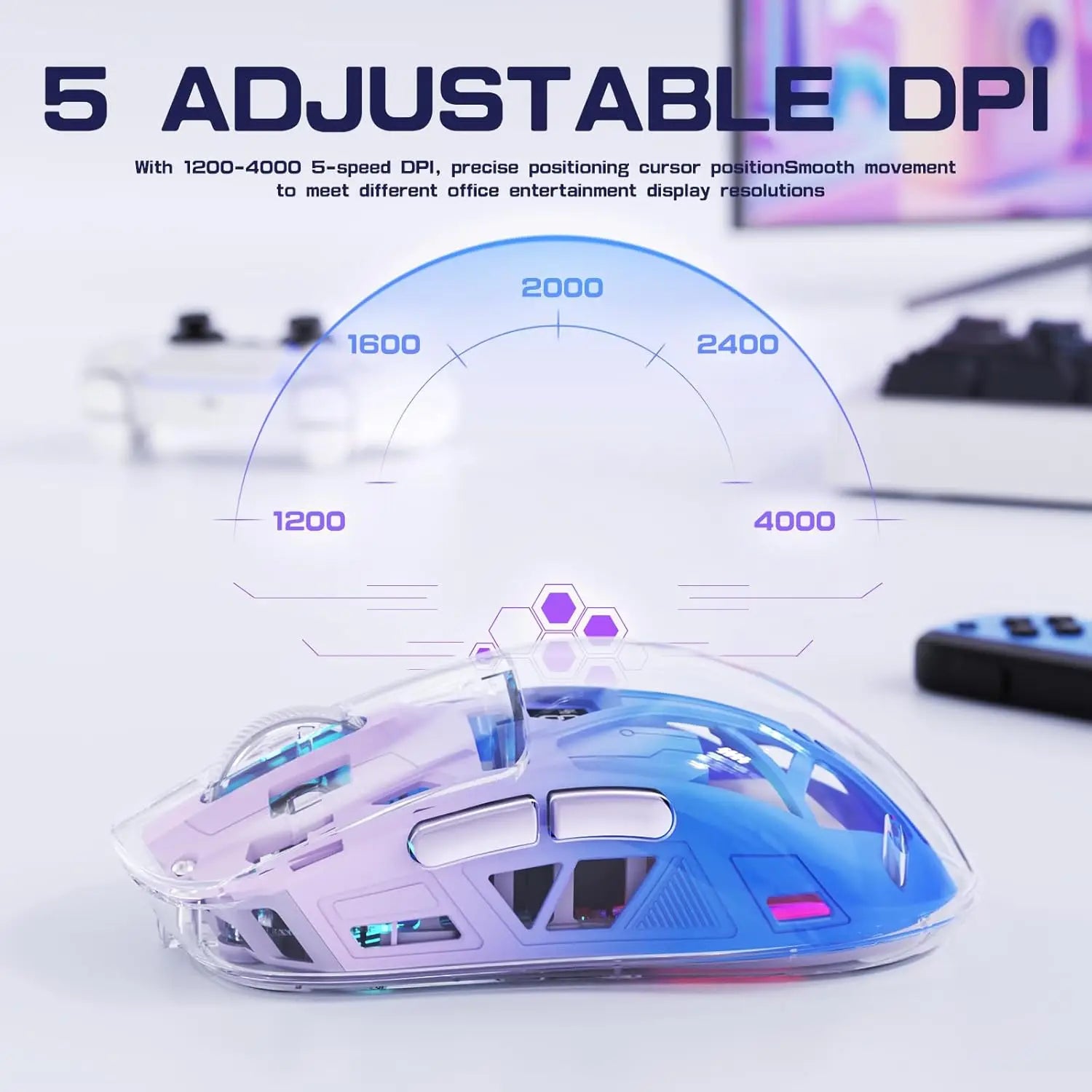 A2 Transparent Wireless Gaming Mouse, BT 5.0/2.4G PC Rechargeable RGB Mice with Digital Screen,PixArt 3212, 5 Adjustable DPI
