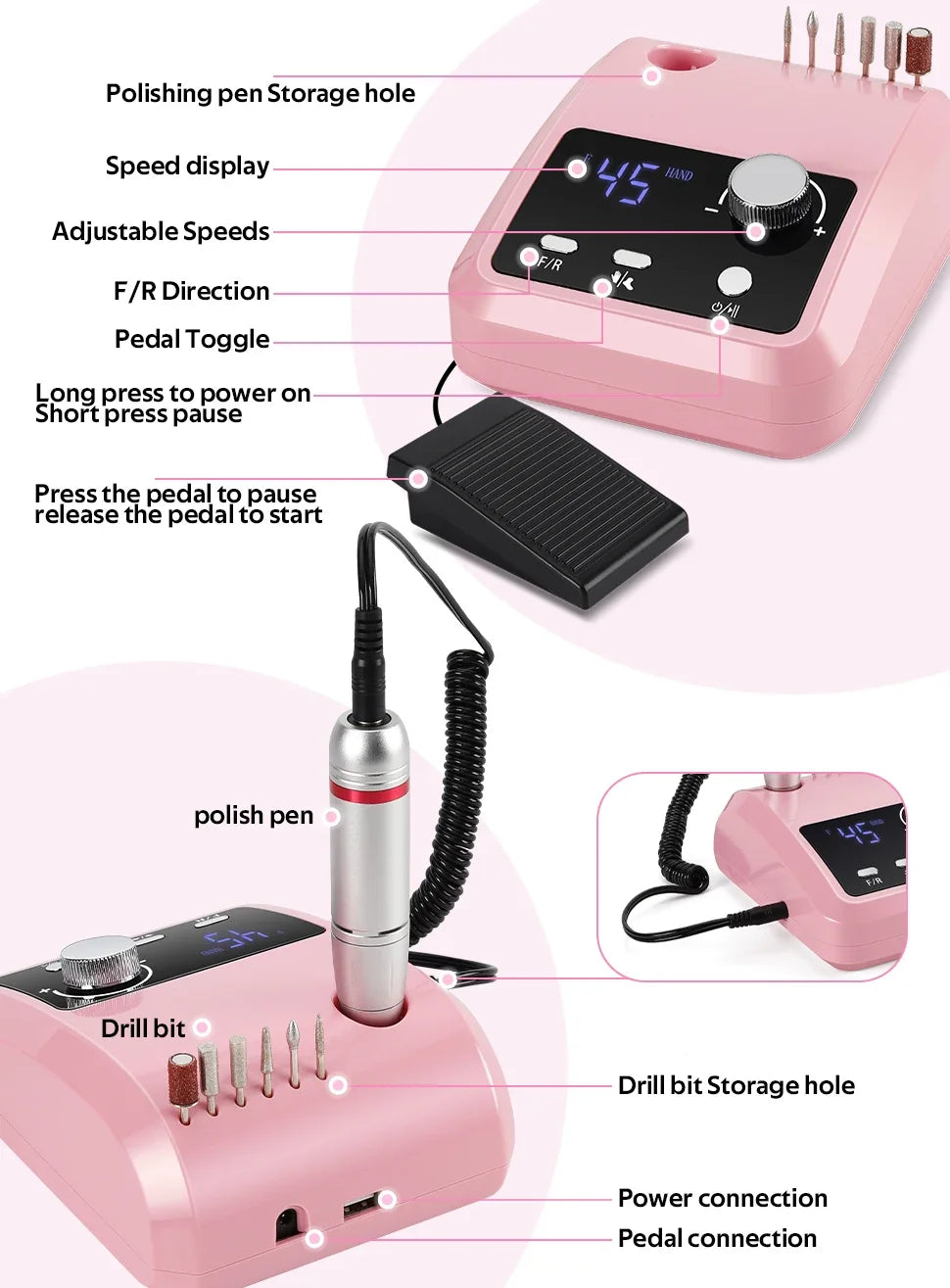 45000 RPM Electric Nail Drill With HD Display - Smarsty