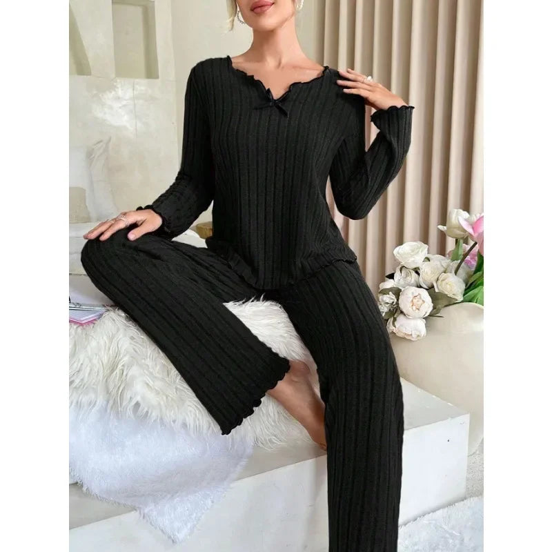 Women Autumn Winter Sleepwear Ribbed Pajamas Set Long Sleeve Top and Long Pants 2 Piece Set Casual Homewear Loungewear - Smarsty