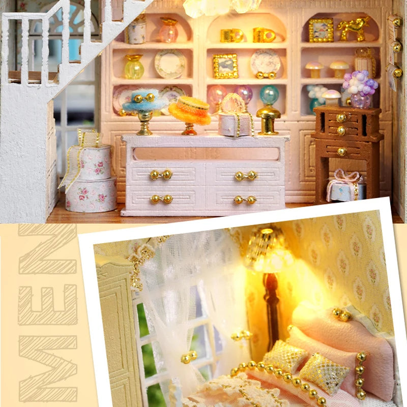 DIY Mini Wooden Doll House Assembly Building Model Pink Princess Villa Architecture Kit 3D Puzzle Dollhouse With Furniture Gifts by Smarsty