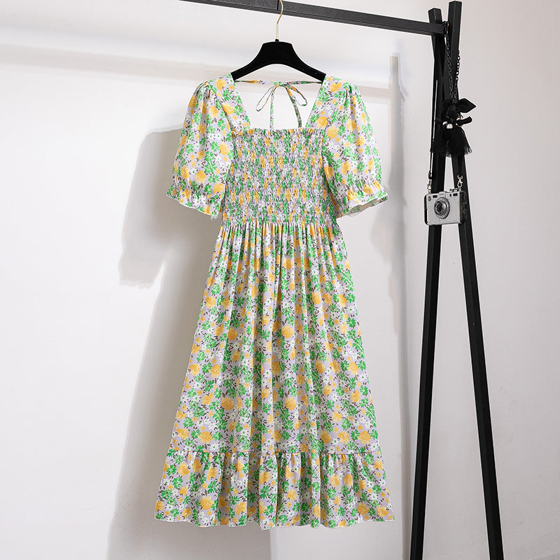 Summer Pleated Women Chiffon Dresses Casual Beach Holiday Short Sleeve Square Collar Woman Midi Dress Bohemian Mujer Vestidos - Smarsty