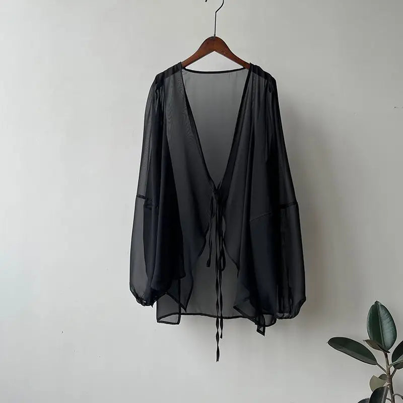 Shirts Women V-neck Loose Long Sleeve Open Stitch Korean Style Lace-up Simple Solid Summer Chiffon Breathable Minimalist Stylish - Smarsty