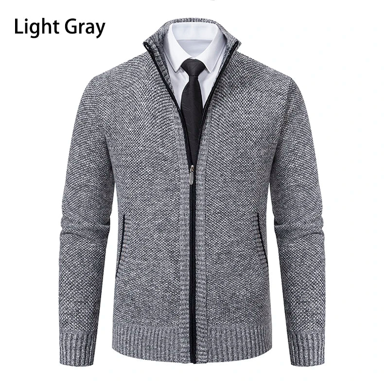 Autumn And Winter New Jersey Men's Casual Sports Coat Solid Color Stand Collar Wweater Grab Fleece Warm Zipper Cardigan - Smarsty