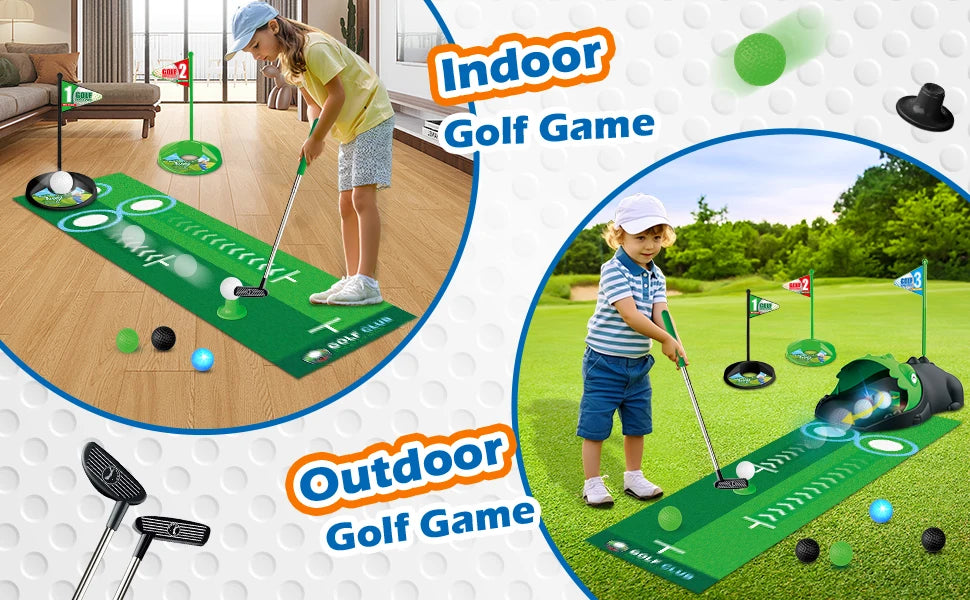 Kids Toy Golf Club Set with LED Automatic Ball Returner, Golf Putting Mat Toddler Mini Golf Game Sports Gift for 3+ Boys Girls