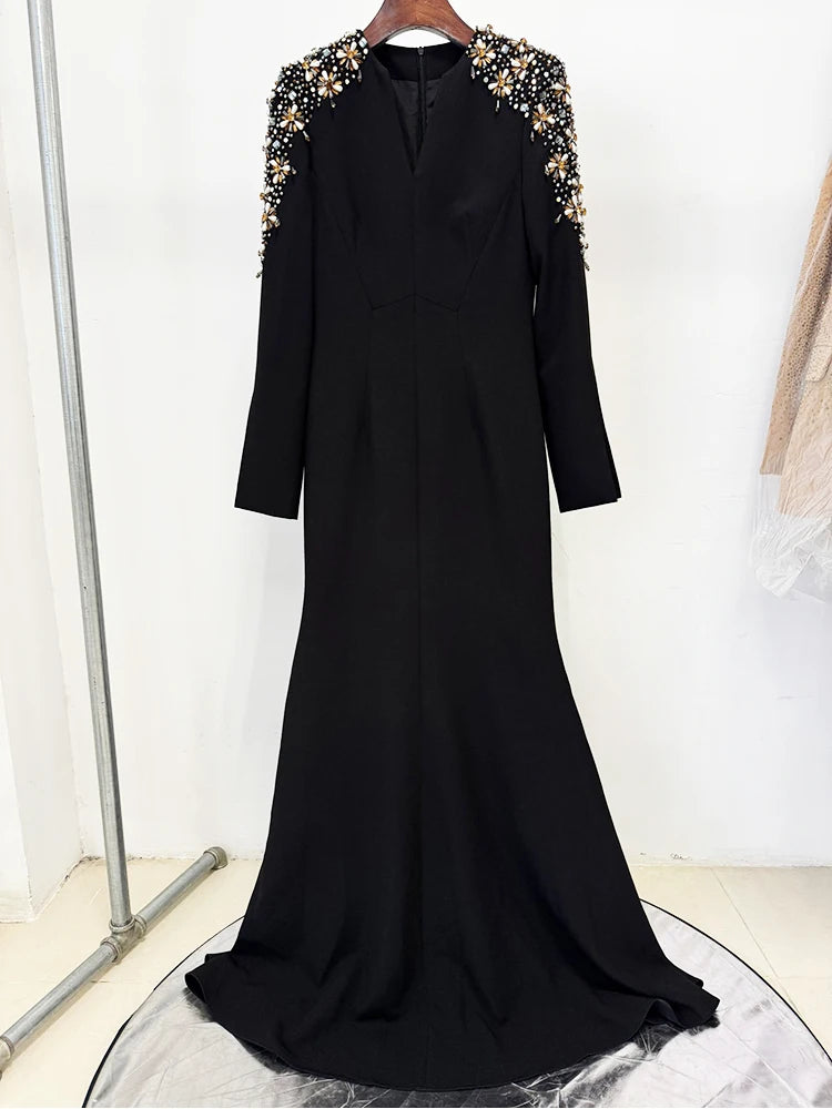 HIGH STREET Newest Fashion 2025 Designer Party Vestido Women's Diamonds Beaded Split Long Maxi Dress - Smarsty