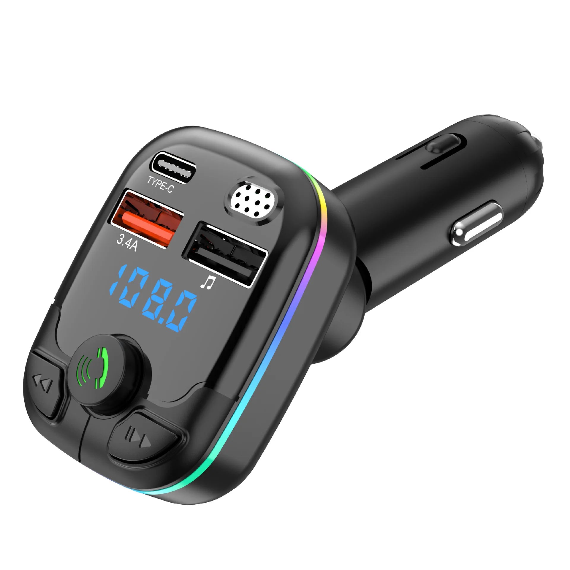 Bluetooth 5.0 Car FM Transmitter PD Type-C Dual USB Ambient Player Handsfree MP3 Charger Type-C Wireless Light PD QC3.0 Adapter - Smarsty