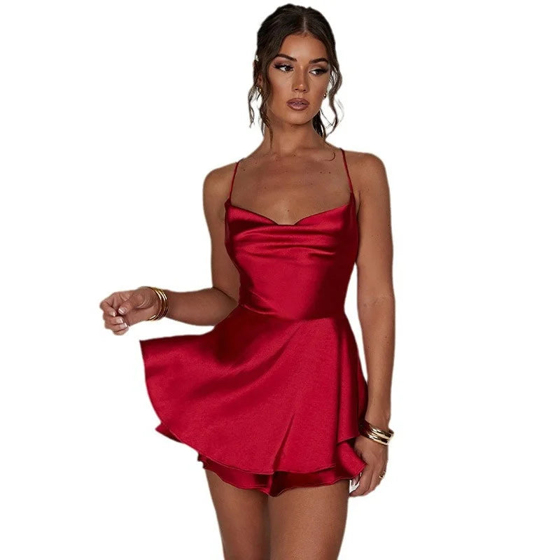 Summer Solid Color Backless Sexy Fashion Satin Lady Short Strap Dress Elegant Sweet Strap Pullover Women's Mini Skirt New 23235 - Smarsty