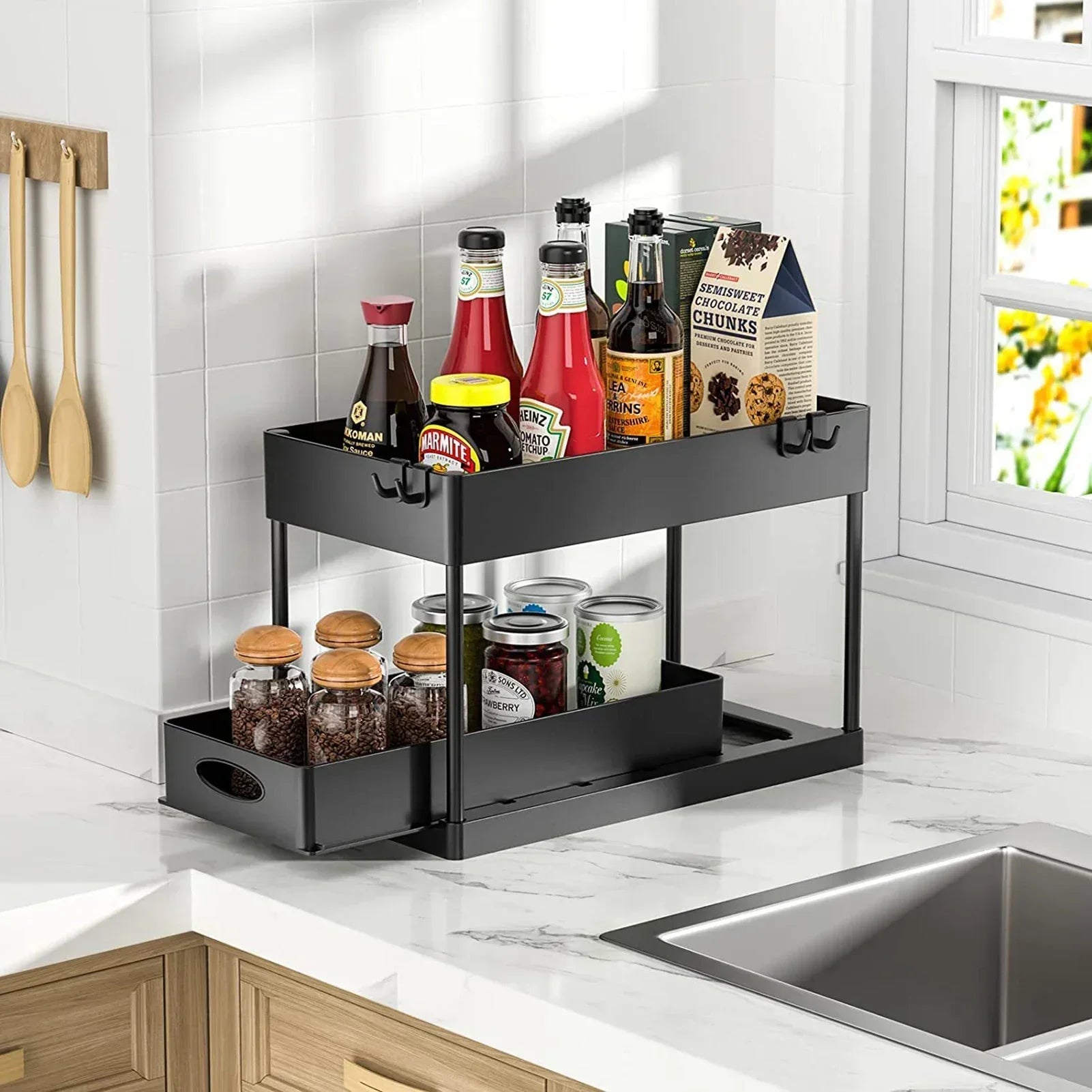 2 Tier Under Sink Organizer Sliding Cabinet Basket Organizer Storage Rack with Hooks Hanging Cup Bathroom Kitchen Organizer by Smarsty