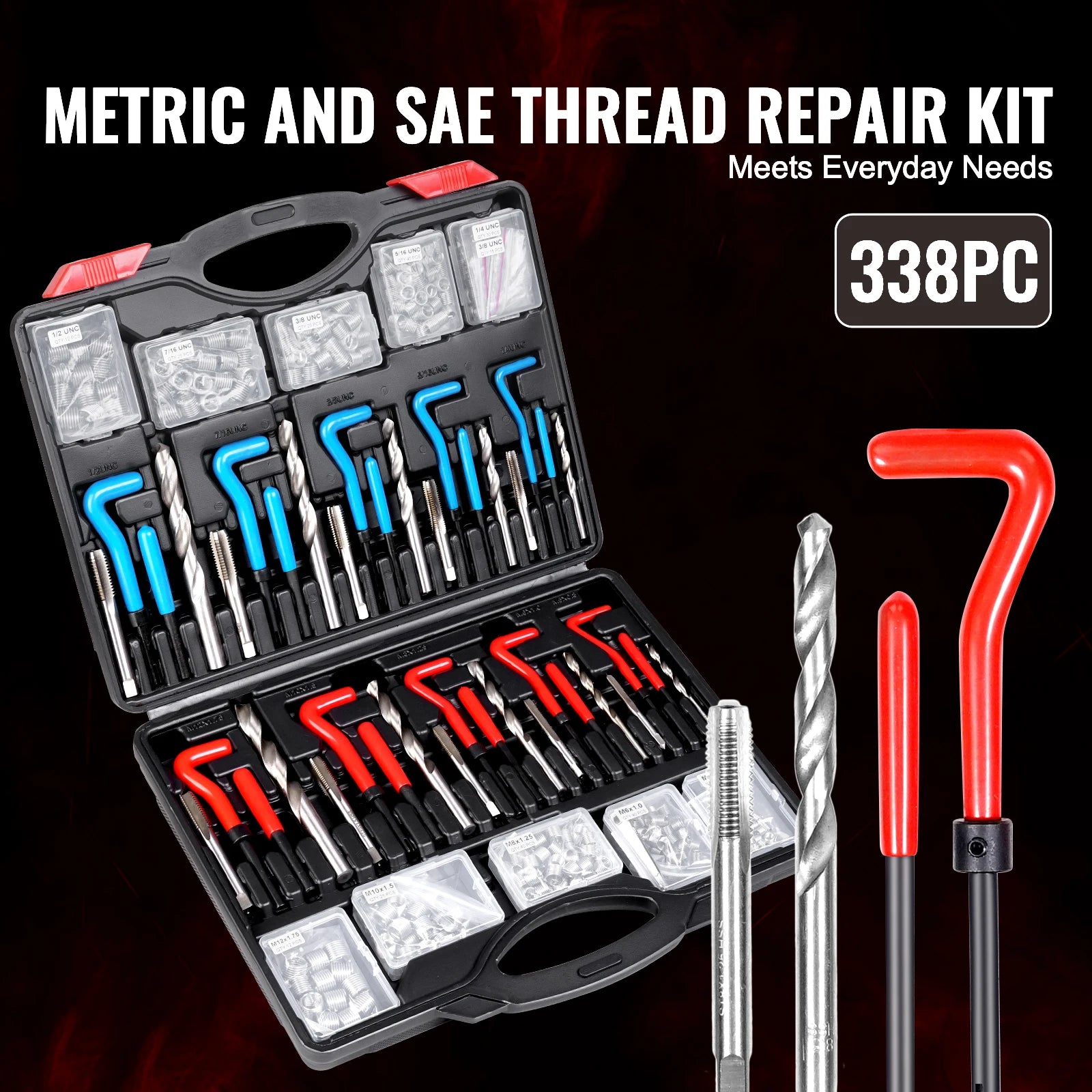 SucceBuy Helicoil Thread Repair Kit SAE Metric Rethreading Tool Kit HSS Drill Bits Thread Inserts Breakoff Installation Tools