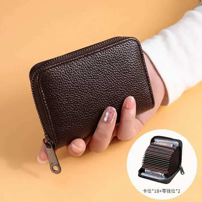 Multi Slot Card Holder Vintage Small Wallet Women Men Business Bank Credit Card Bag Male Coin Pouch Solid Leather Zipper Wallet - Smarsty