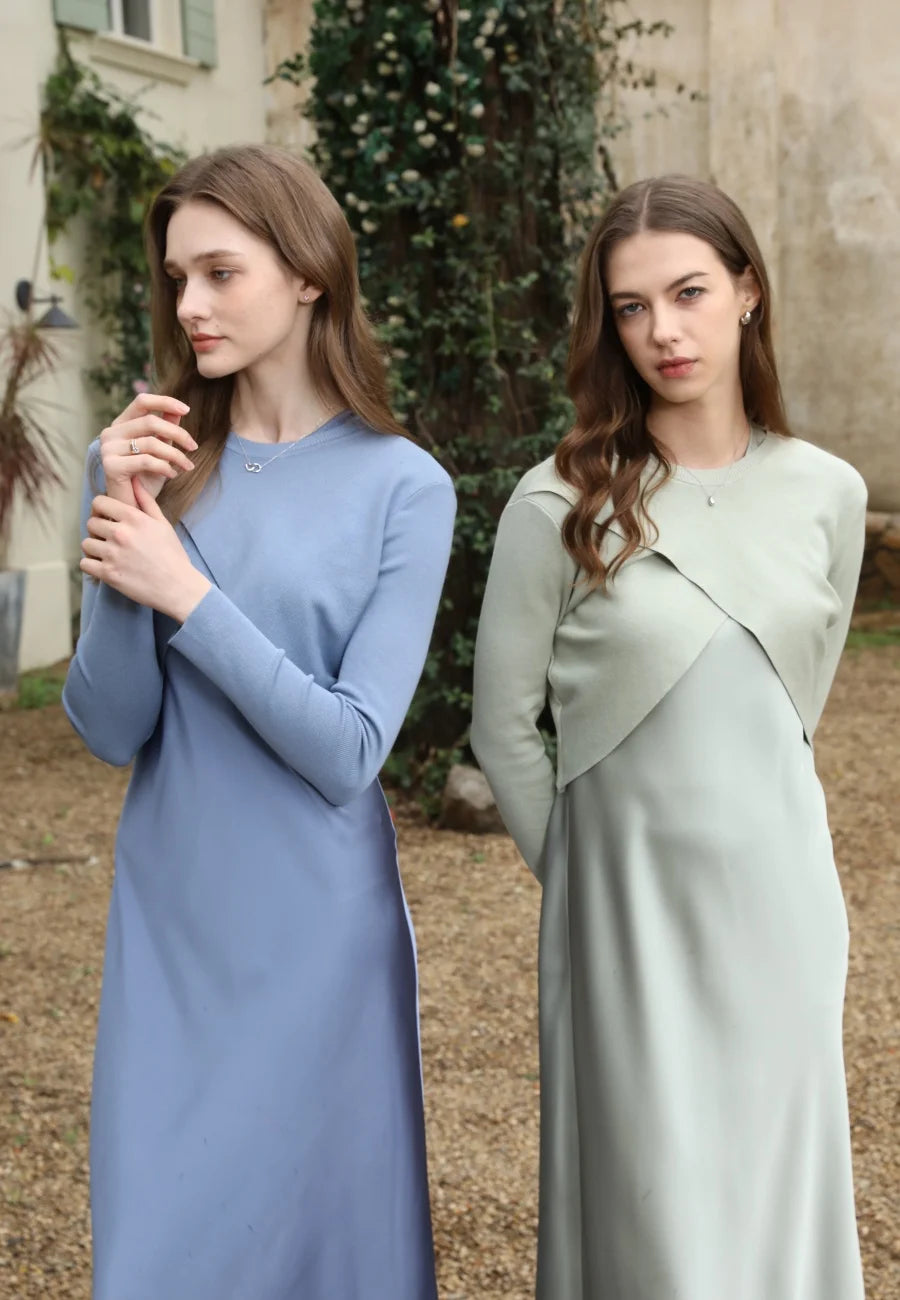 AS 2025 spring summer elegance satin dress + knitted top match set maxi floor length woman clothes