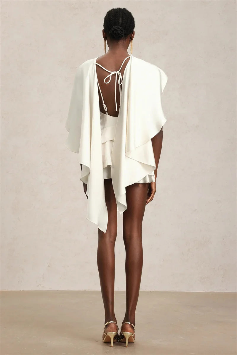 Mozision Shawl Sleeve Ruffle Sexy Mini Dress Women Robe Fashion Solid Lace-up Backless Club Party Dress Female Elegant Dresses