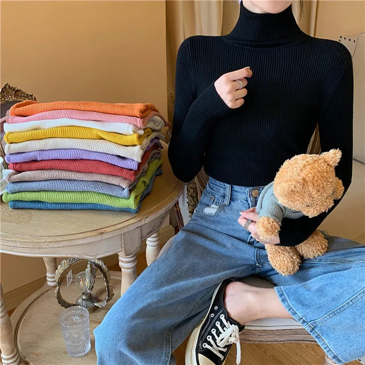 2025 Autumn Winter Women Long Sleeve Knitted Foldover Turtleneck Ribbed Pull Sweater Soft Warm Femme Jumper Pullover Clothes - Smarsty