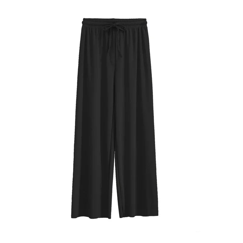 Women Ankle-Length Wide Leg Pants Casual Summer Solid Elastic Waist Loose Ice Silk Pants Spring Summer Female Trousers - Smarsty