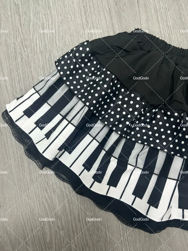 Spring Black White Spliced Women Short Skirt 2025 Y2k Slim Design Harajuku Mini Skirt Female Empire Korea Style Chic Piano Skirt - Smarsty