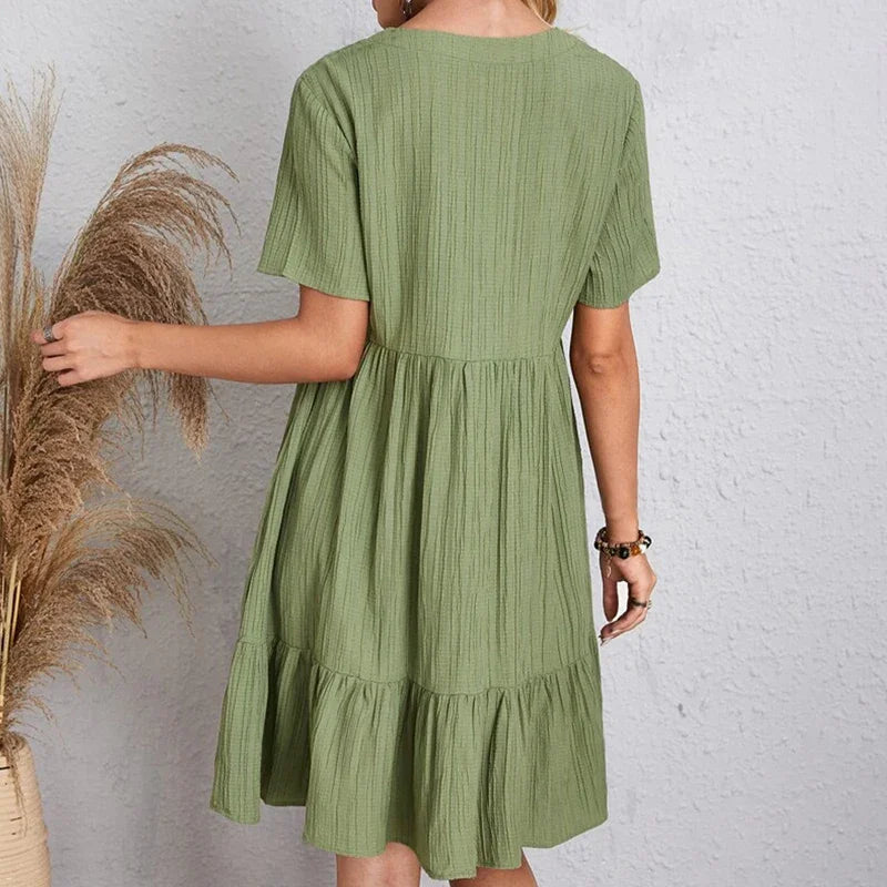 2025 Loose V-neck Short Sleeved Pleated Women Dress Solid Color A-line Beach Dresses Elegant Simple Comfortable Woman Clothing - Smarsty