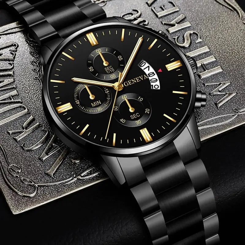 Luxury Black Stainless Steel Men's Watch with Calendar Feature - Smarsty
