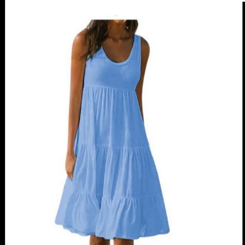 Bohemian Women's Casual O Neck Sleeveless Ruffle Mini Dress Solid Color Beach Tank Top Oversized Loose Dress Plus Size Women3029 - Smarsty