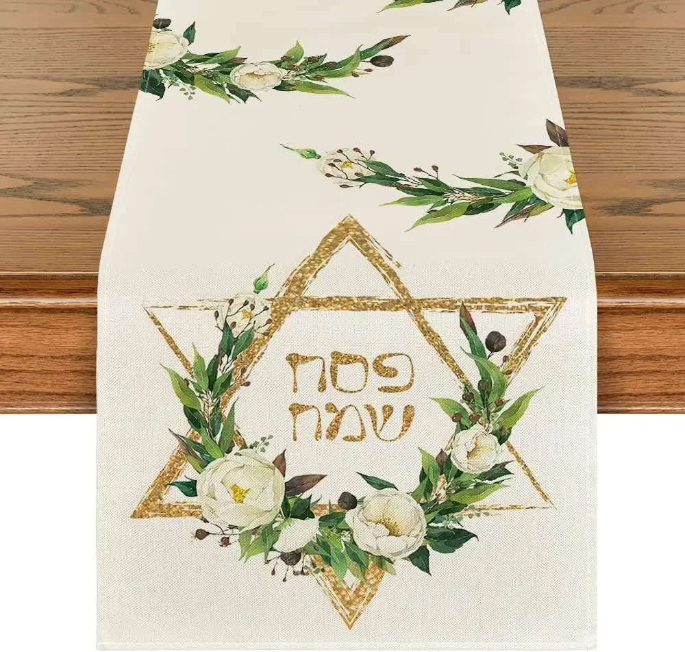 Hexagram Flowers Linen Table Runner for Passover Decor - Smarsty