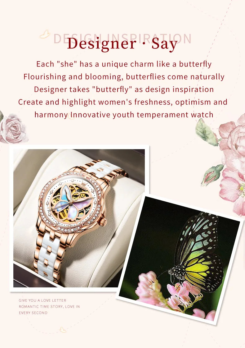 OLEVS 6615 Womens Watch Original Bezel Ceramic Mechanical Automatic Wristwatch Waterproof Luminous Ladies Watch Butterfly Dial - Smarsty
