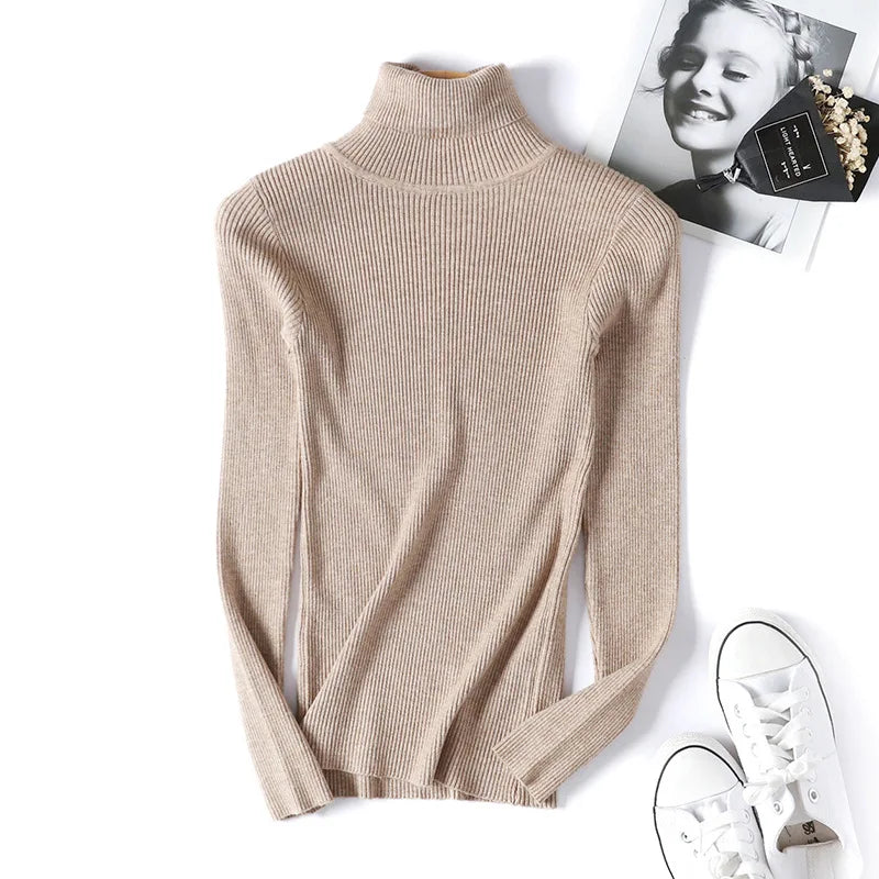 2025 Autumn Winter Women Long Sleeve Knitted Foldover Turtleneck Ribbed Pull Sweater Soft Warm Femme Jumper Pullover Clothes - Smarsty