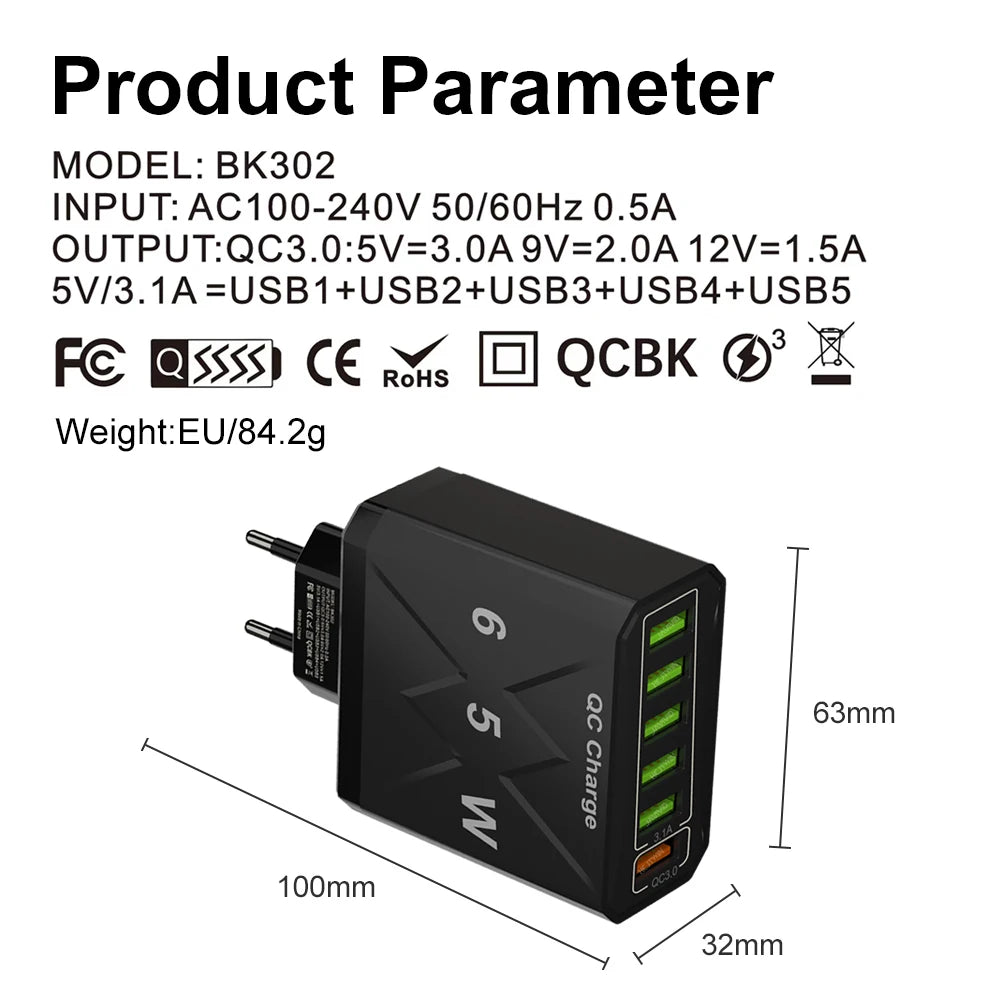 65W 6 Port USB Charger Fast USB QC3.0 Travel Adapter - Smarsty