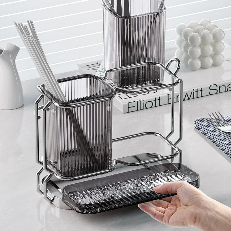 Luxury Wall-Mounted Chopsticks Holder - No Drill Utensil Organizer for Kitchen, Multi-Function Spoon & Fork Rack with Drain Hole
