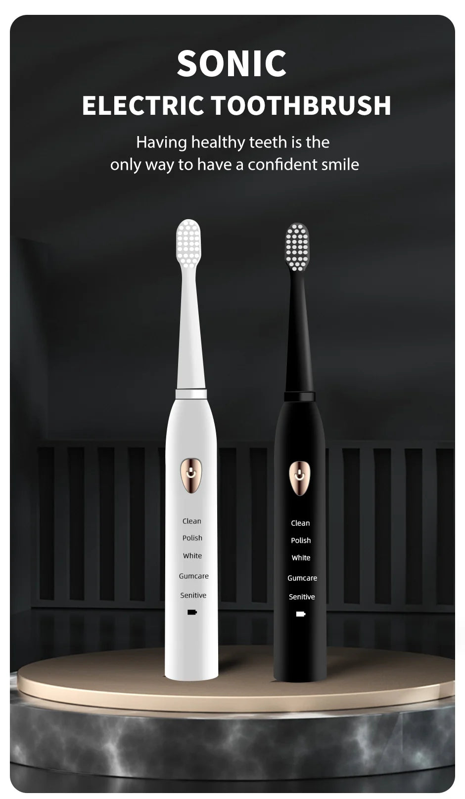 Jianpai Black White Acoustic Electric Toothbrush with USB Charging - Smarsty