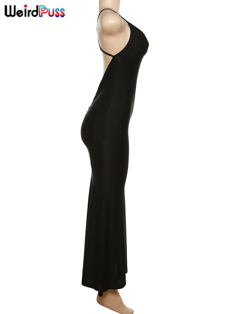 Weird Puss Sexy Backless Women Evening Maxi Dress Folds V-Neck Sleeveless Coquette Elegant Mermaid Matching Banquet Prom Bodycon - Smarsty