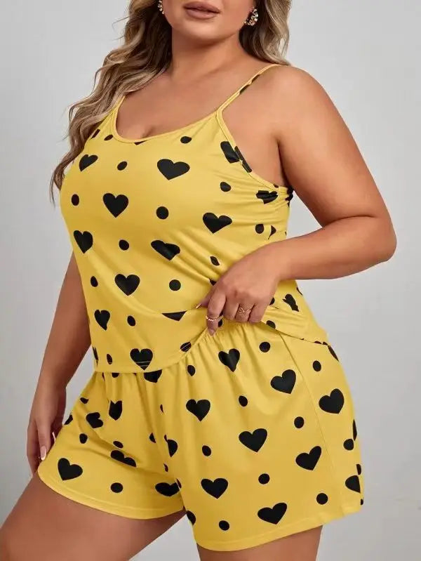 Plus Size Heart Print Women Pajama Set Sleeveless O Neck Crop Top & Elastic Waist Shorts 2 Pieces Female Sleepwear Nightwear - Smarsty