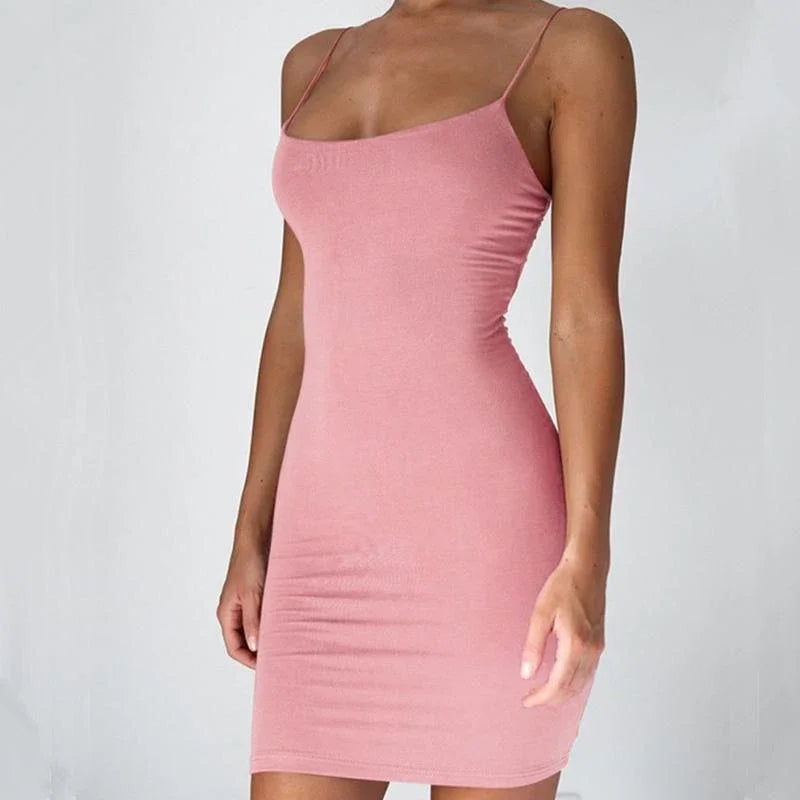 Summer Spaghetti Strap Mini Dress 2025 Women Sexy Bodycon Club Party Dresses Short Female Camisole Solid Black Sheath Sundress - Smarsty