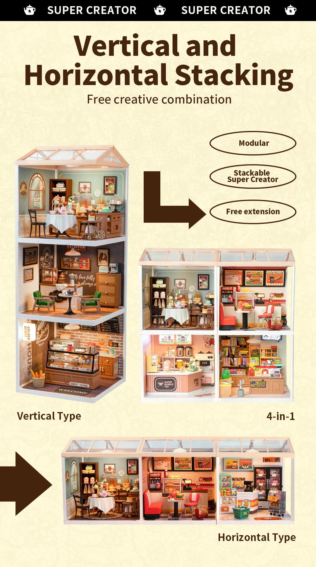 Robotime Rolife Super Creator Series Plastic Dollhouse Building Blocks for Kids Yum Burgers Leisurely Cheers Bar Sweet Sips Tea