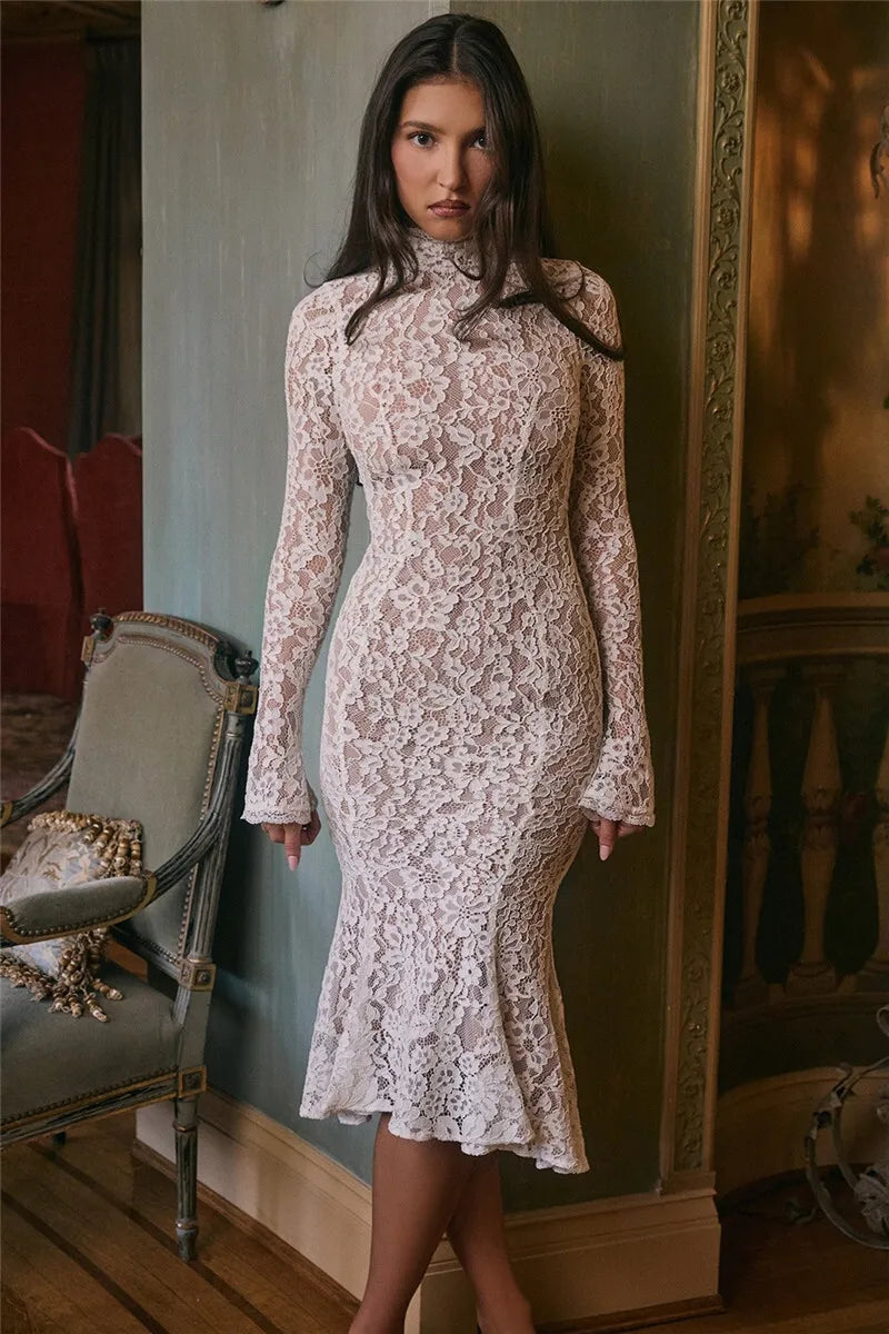 Mozision Lace Long Sleeve Sexy Midi Dress For Women Elegant White Half High Collar High Waist Bodycon Club Party Sexy Long Dress - Smarsty