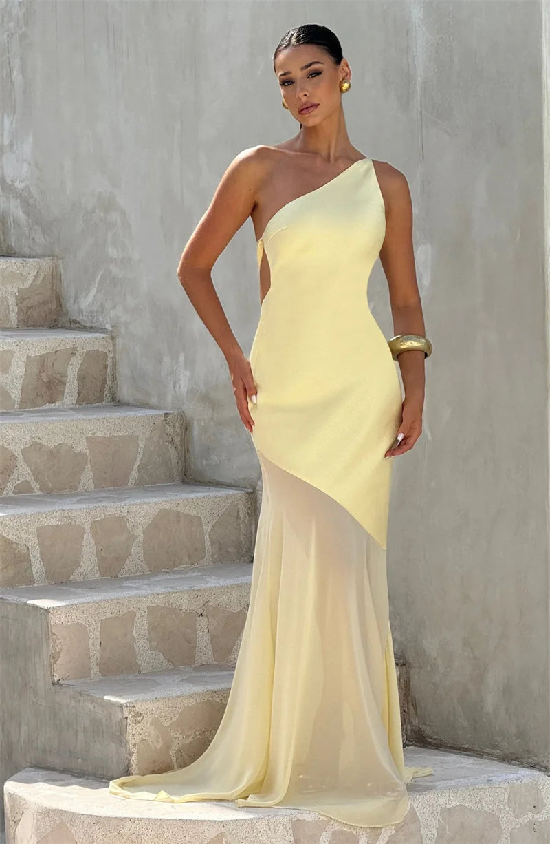 Mozision One Shoulder Backless Sexy Maxi Dress Women Gown Fashion Patchwork Sleeveless Bodycon Club Party Long Dress Elegant - Smarsty
