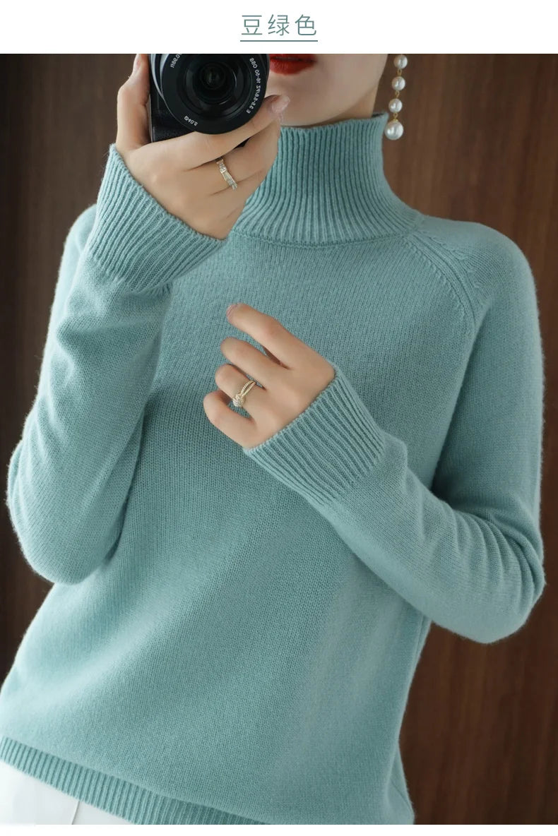 Fashion Basic Autumn Winter Merino Wool Sweater Mock Neck Cashmere Pullover Solid Color Soft Long Sleeve Clothing Tops - Smarsty
