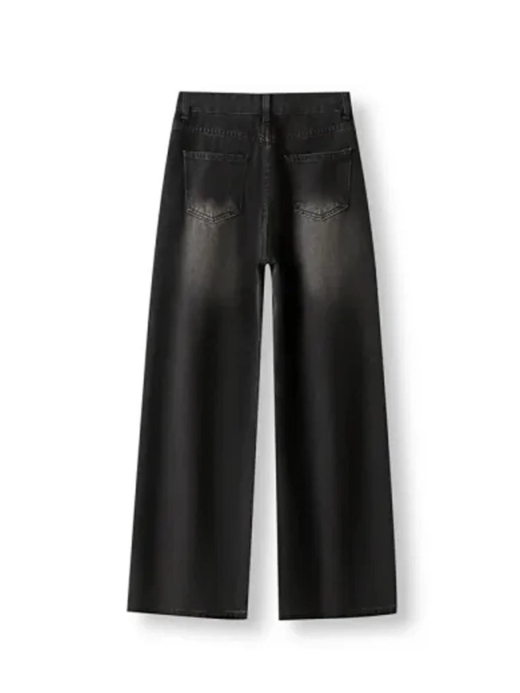Korean Vintage High Waist Women's Jeans Y2K Slimming Pear-Shaped Loose Straight Bell Bottoms Black Gray Baggy Denim Trousers - Smarsty