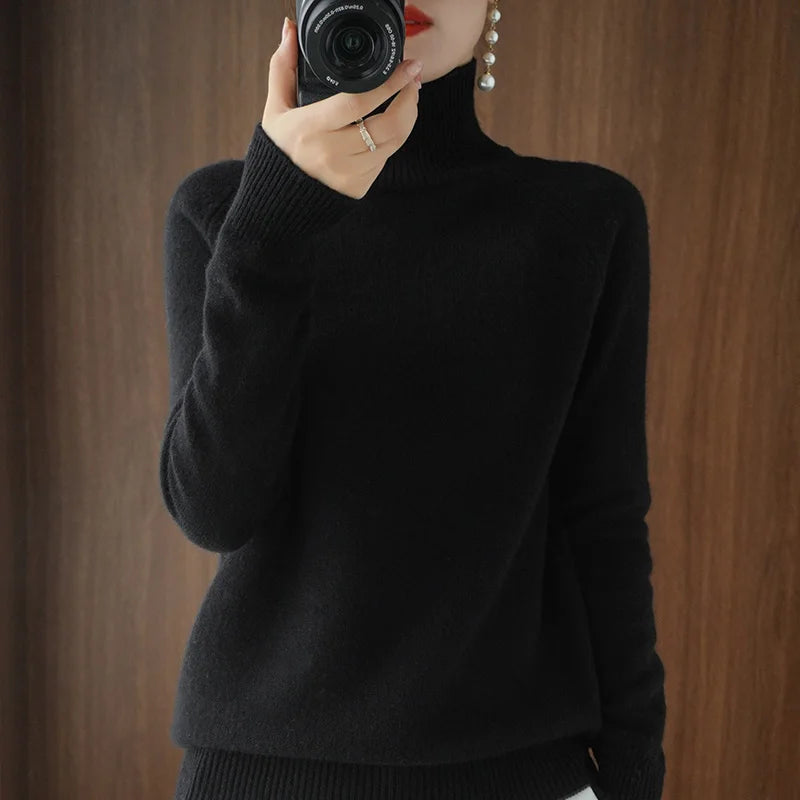 Fashion Basic Autumn Winter Merino Wool Sweater Mock Neck Cashmere Pullover Solid Color Soft Long Sleeve Clothing Tops - Smarsty