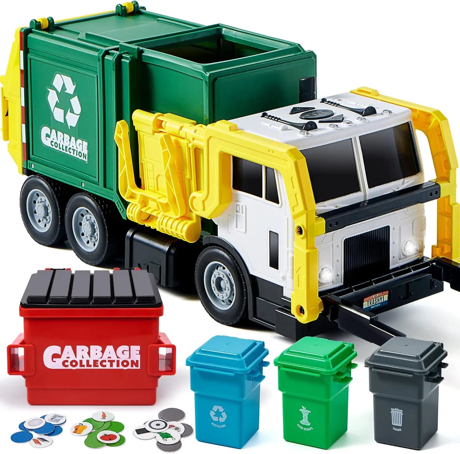 JOYFY Large Friction Powered Garbage Truck Toy Set With Includes Dumpster Trash Bins for Boys Toys Birthday Christmas Gift