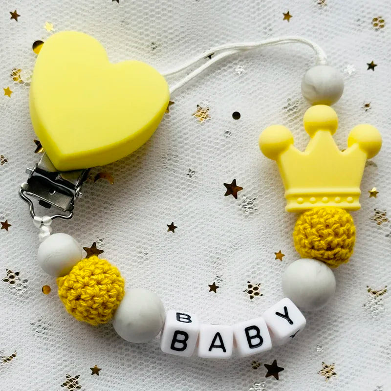 NEW Custom Personalized Name Pacifier Clip Handmade Beech Wooden Chain Silicone Crown Holder Soother Baby Teething Toy Chew Gift by Smarsty